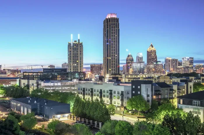 Framed Print : USA, Atlanta, Georgia, Midtown Skyline, Commercial And Residential District, Fulton County, Dawn