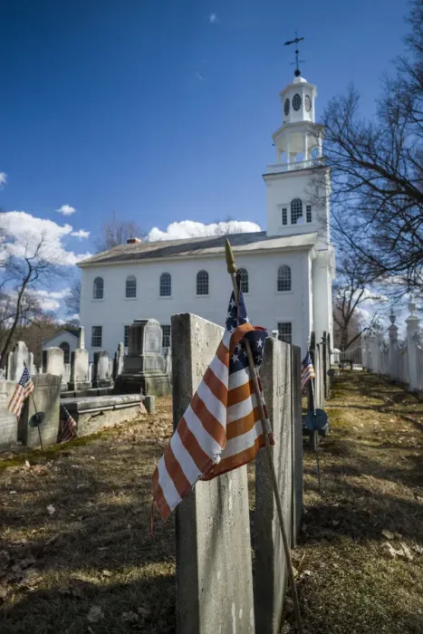 Framed Print : USA, Bennington, Old First Church Burying Ground, gravestones with US flag Framed Print : USA, Bennington, Old First Church Burying Ground, gravestones with US flag