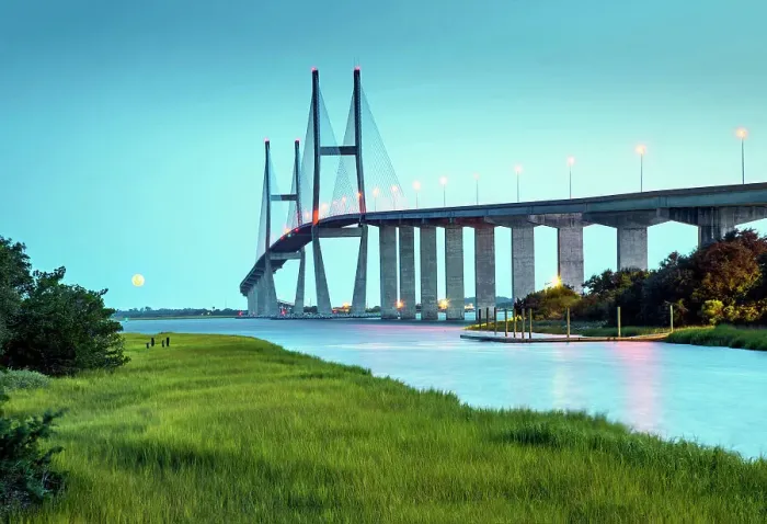 Framed Print : USA, Brunswick, Georgia, Sidney Lanier Bridge, Brunswick River, Salt Marshes, Full Moon