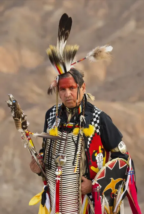 Framed Print : USA, California, Lakota indian Jim Yellowhawk standin in full regalia at Zabriskie Framed Print : USA, California, Lakota indian Jim Yellowhawk standin in full regalia at Zabriskie