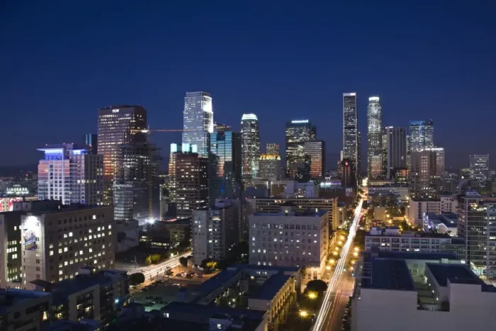 Framed Print : USA, California, Los Angeles, aerial view of downtown from West 11th Street, dusk Framed Print : USA, California, Los Angeles, aerial view of downtown from West 11th Street, dusk