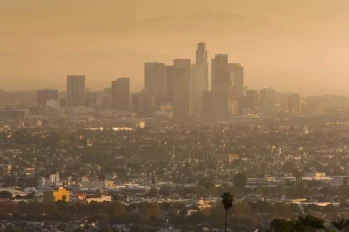 Framed Print : USA, California, Los Angeles, downtown view from Baldwin Hills, sunrise