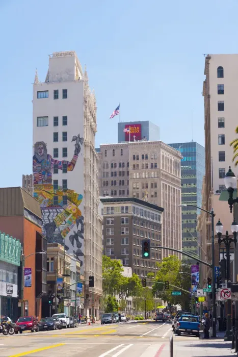 Framed Print : USA, California, Oakland, Telegraph Avenue, Cathedral Building with mural by Zio Ziegler