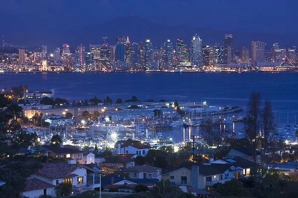 USA, California, San Diego, City and Shelter Island Yacht Basin from Point Loma, dusk