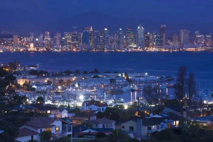 Framed Print : USA, California, San Diego, City and Shelter Island Yacht Basin from Point Loma, dusk Framed Print : USA, California, San Diego, City and Shelter Island Yacht Basin from Point Loma, dusk