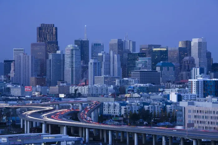 Framed Print : USA, California, San Francisco, Potrero Hill, view of downtown and I-280 highway, evening Framed Print : USA, California, San Francisco, Potrero Hill, view of downtown and I-280 highway, evening