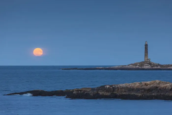 Framed Print : USA, Cape Ann, Rockport, Thatcher Island North Lighthouse, with moonrise, dusk Framed Print : USA, Cape Ann, Rockport, Thatcher Island North Lighthouse, with moonrise, dusk