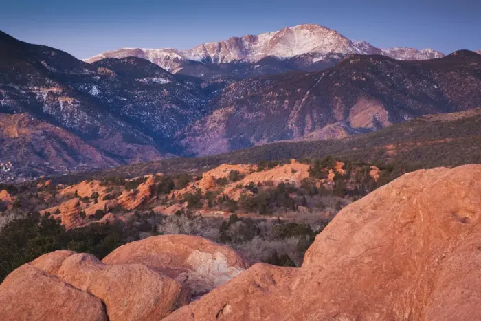 Framed Print : USA, Colorado, Colorado Springs, Garden of the Gods with view of Pikes Peak, dawn Framed Print : USA, Colorado, Colorado Springs, Garden of the Gods with view of Pikes Peak, dawn