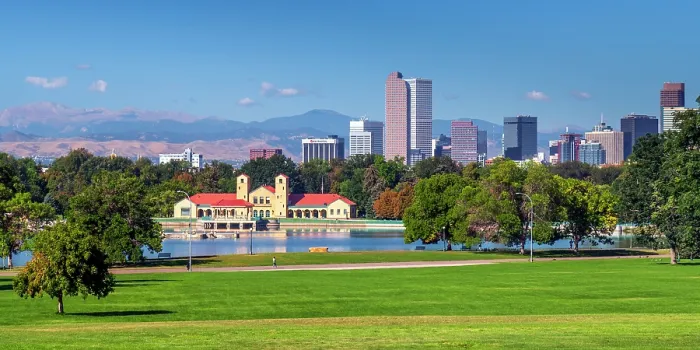 Framed Print : USA, Colorado, Denver skyline, City Park, City Park Pavillion and Ferril Lake, Rocky Mountains Front Range beyond Framed Print : USA, Colorado, Denver skyline, City Park, City Park Pavillion and Ferril Lake, Rocky Mountains Front Range beyond