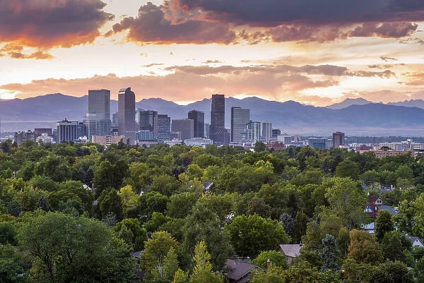USA, Colorado, Denver Skyline and Rocky Mountains