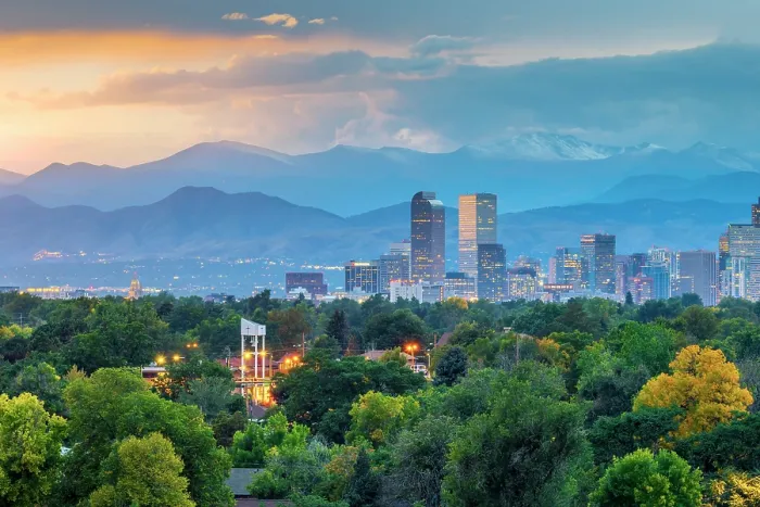 Framed Print : USA, Colorado, Denver, skyline with Rocky Mountains Front Range beyond