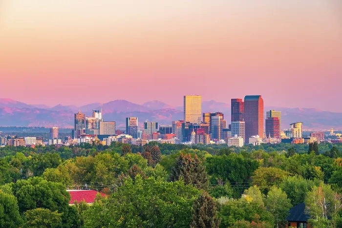 Framed Print : USA, Colorado, Denver, skyline with Rocky Mountains Front Range beyond