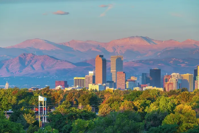 Framed Print : USA, Colorado, Denver, skyline with Rocky Mountains Front Range beyond