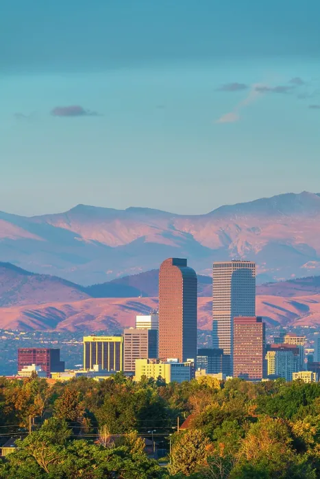 Framed Print : USA, Colorado, Denver, skyline with Rocky Mountains Front Range beyond