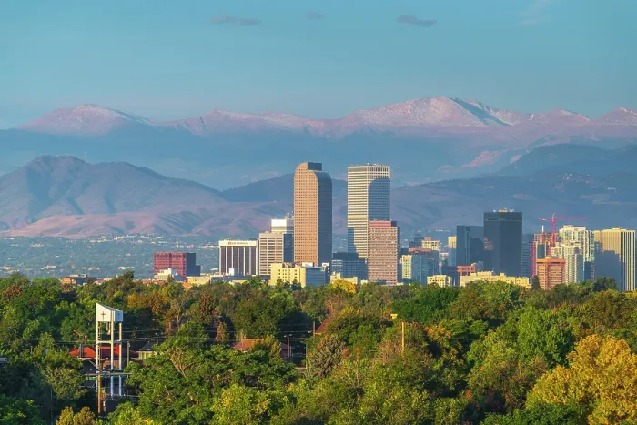 Framed Print : USA, Colorado, Denver, skyline with Rocky Mountains Front Range beyond Framed Print : USA, Colorado, Denver, skyline with Rocky Mountains Front Range beyond