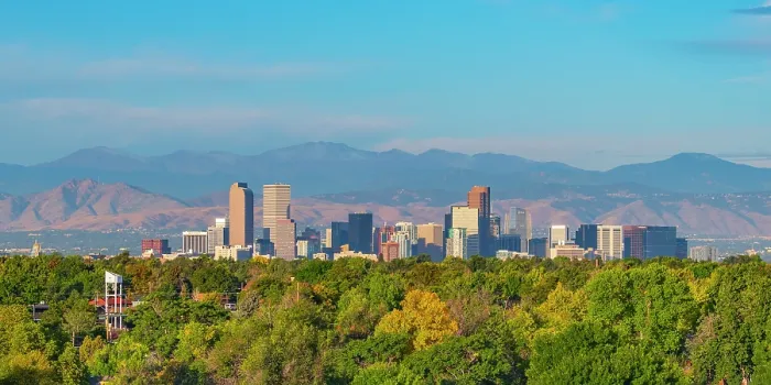 Framed Print : USA, Colorado, Denver, skyline with Rocky Mountains Front Range beyond