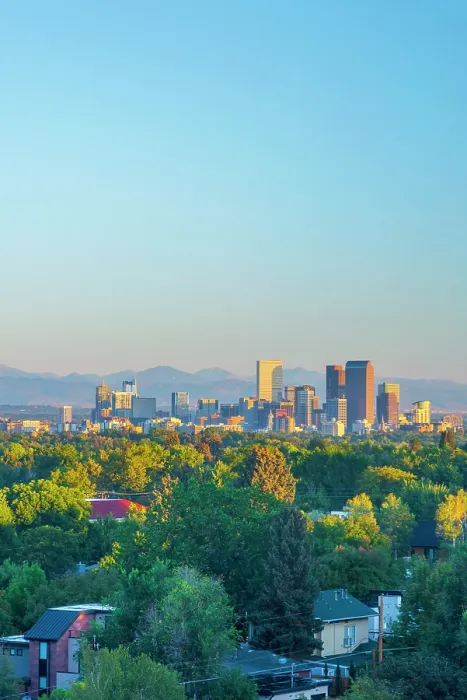 Framed Print : USA, Colorado, Denver, skyline with Rocky Mountains Front Range beyond