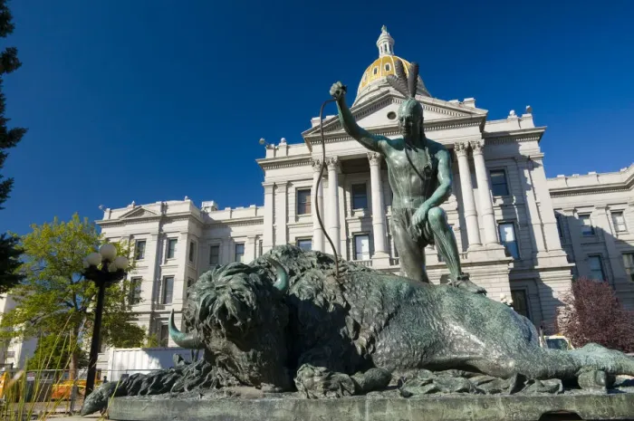 Framed Print : USA, Colorado, Denver, State Capitol Building, Closing of an Era statue by Preston Framed Print : USA, Colorado, Denver, State Capitol Building, Closing of an Era statue by Preston