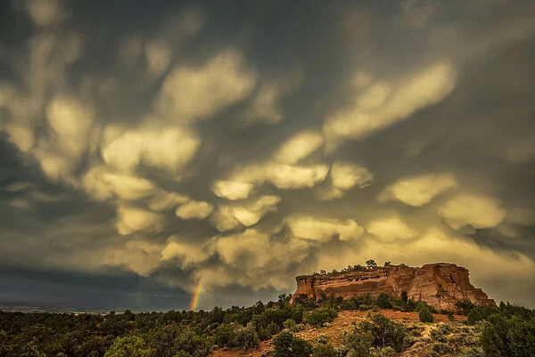 USA, Colorado, Mesa County, Colorado National Monument, thunderstorm and rainbow