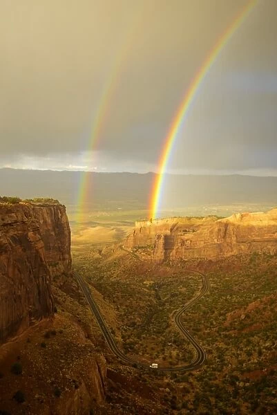USA, Colorado, Mesa County, Double rainbow in the Colorado National Monument
