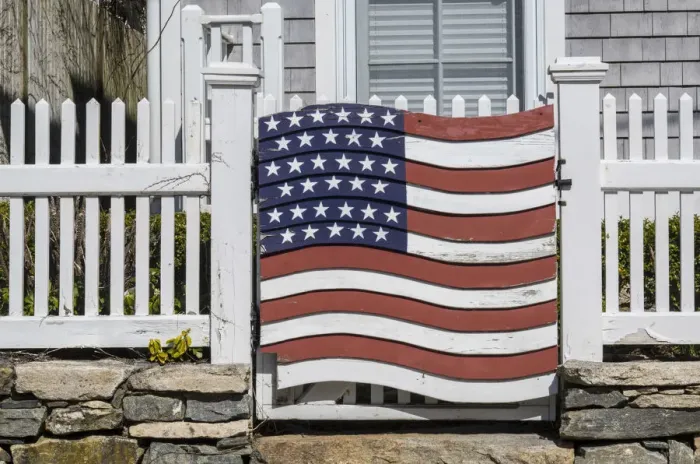 Framed Print : USA, Connecticut, Stonington, gate with US flag Framed Print : USA, Connecticut, Stonington, gate with US flag
