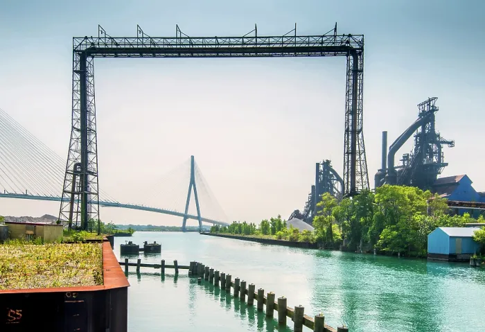 Framed Print : USA, Detroit, Michigan, Detroit River, New Gordie Howe International Bridge, Crossing Between Detroit And Windsor, Canada, Abanonded US Steel Mill Framed Print : USA, Detroit, Michigan, Detroit River, New Gordie Howe International Bridge, Crossing Between Detroit And Windsor, Canada, Abanonded US Steel Mill