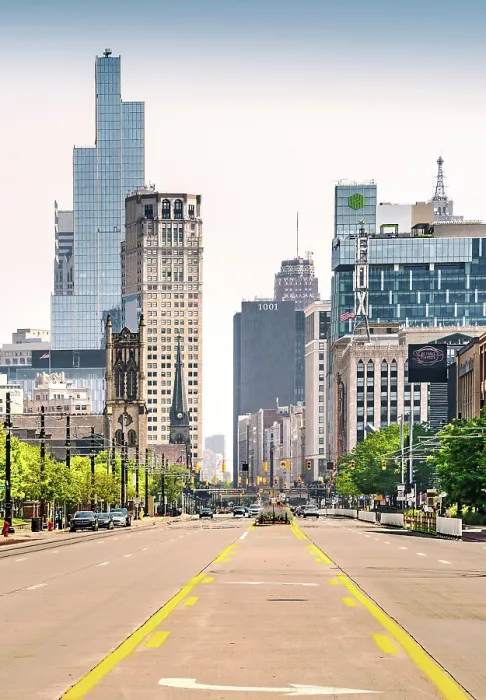 Framed Print : USA, Detroit, Michigan, Looking Down Woodward Avenue, Detroit's Main Street, New Hudson Building, Skyscraper Framed Print : USA, Detroit, Michigan, Looking Down Woodward Avenue, Detroit's Main Street, New Hudson Building, Skyscraper