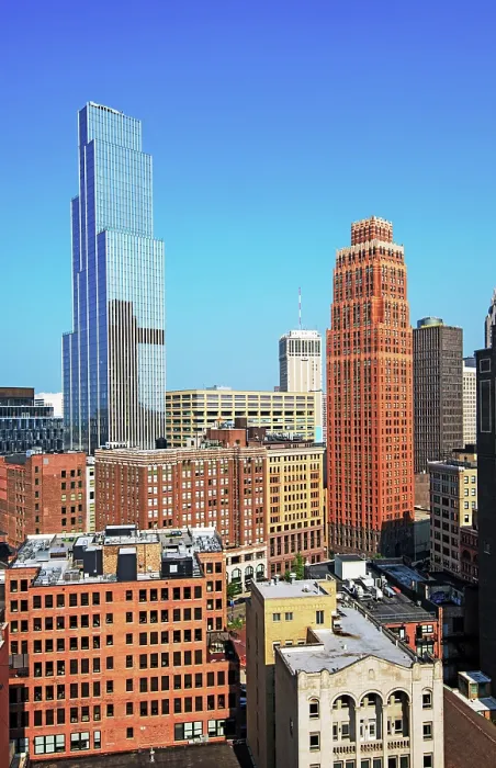 Framed Print : USA, Detroit, Michigan, New Modern Hudson Building Rises Above The Detroit Skyline, The Art Deco 1920's David Stott Building Rises To the Right Framed Print : USA, Detroit, Michigan, New Modern Hudson Building Rises Above The Detroit Skyline, The Art Deco 1920's David Stott Building Rises To the Right