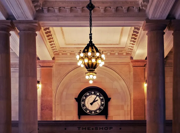 Framed Print : USA, Detroit, Michigan, Restored 1913 Michigan Central Train Station, Ticket Lobby Clock With Massive Chandelier, Beaux-Arts Structure Restored As Mixed Use Offices Framed Print : USA, Detroit, Michigan, Restored 1913 Michigan Central Train Station, Ticket Lobby Clock With Massive Chandelier, Beaux-Arts Structure Restored As Mixed Use Offices