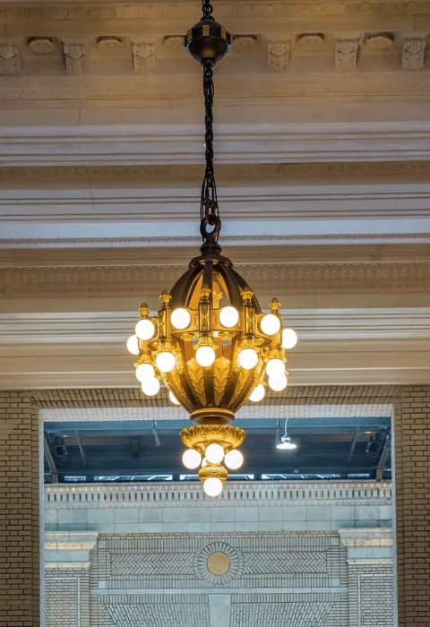 Framed Print : USA, Detroit, Michigan, Restored 1913 Michigan Central Train Station, Ticket Lobby Chandelier, Beaux-Arts Structure Restored As Mixed Use Offices Framed Print : USA, Detroit, Michigan, Restored 1913 Michigan Central Train Station, Ticket Lobby Chandelier, Beaux-Arts Structure Restored As Mixed Use Offices