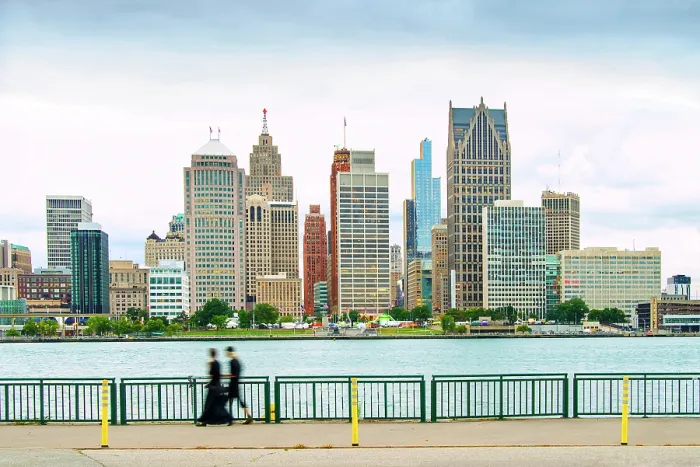 Framed Print : USA, Detroit, Michigan, Skyline View From Windsor, Canada Riverfront Trail, Across The Detroit River, New Hudson Building Framed Print : USA, Detroit, Michigan, Skyline View From Windsor, Canada Riverfront Trail, Across The Detroit River, New Hudson Building