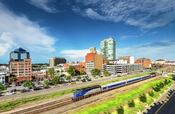 Framed Print : USA, Durham, North Carolina, Passenger Train, Downtown, Railroad Framed Print : USA, Durham, North Carolina, Passenger Train, Downtown, Railroad