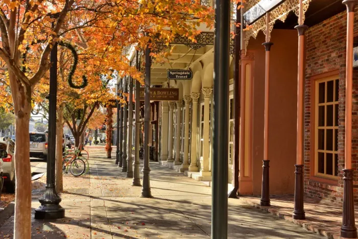 Framed Print : USA, Florida, Escambia County, Pensacola, Sidewalk of historic Downtown in fall Framed Print : USA, Florida, Escambia County, Pensacola, Sidewalk of historic Downtown in fall