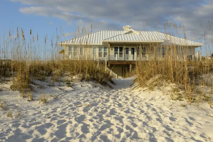 Framed Print : USA, Florida, Escambia County, Pensacola Beach, private home behind dunes on beach Framed Print : USA, Florida, Escambia County, Pensacola Beach, private home behind dunes on beach