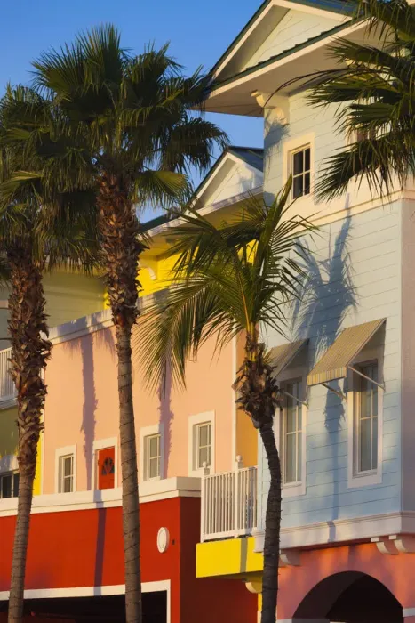 Framed Print : USA, Florida, Gulf Coast, Fort Myers Beach, pastel buildings and palm trees Framed Print : USA, Florida, Gulf Coast, Fort Myers Beach, pastel buildings and palm trees