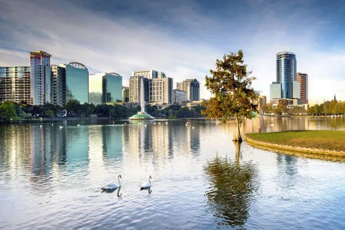 Framed Print : USA, Florida, Orlando, Lake Eola, Lake Eola Park, Swans, Downtown Skyline Framed Print : USA, Florida, Orlando, Lake Eola, Lake Eola Park, Swans, Downtown Skyline