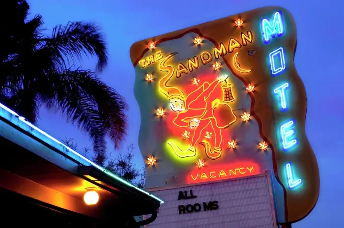 Framed Print : USA, Florida, Saint Petersburg, Pinellas County, Sandman Motel, Neon Sign, 1950's, Road Side Architecture, Open For Business Framed Print : USA, Florida, Saint Petersburg, Pinellas County, Sandman Motel, Neon Sign, 1950's, Road Side Architecture, Open For Business