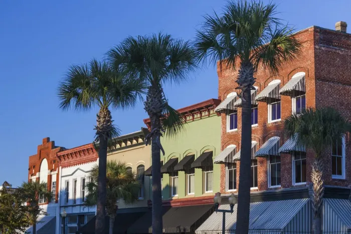 Framed Print : USA, Georgia, Brunswick, downtown buidings and palms Framed Print : USA, Georgia, Brunswick, downtown buidings and palms