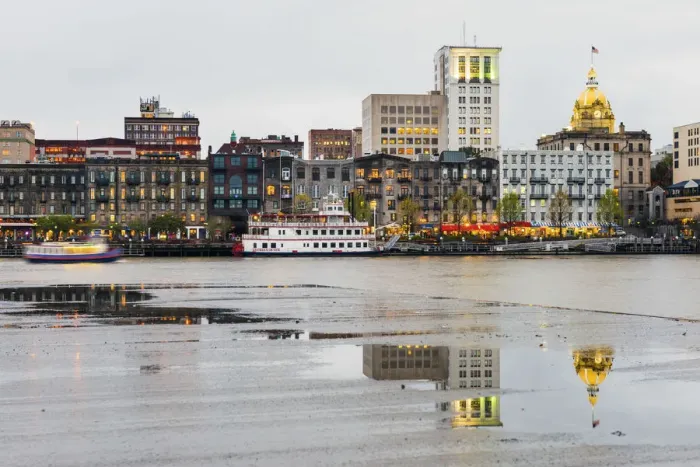 Framed Print : USA, Georgia, Savanah, Waterfront anf town hall from across the Savannah River Framed Print : USA, Georgia, Savanah, Waterfront anf town hall from across the Savannah River