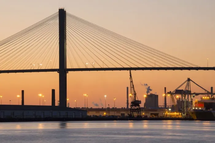 Framed Print : USA, Georgia, Savannah, Talmadge Memorial Bridge over Savannah river at dusk Framed Print : USA, Georgia, Savannah, Talmadge Memorial Bridge over Savannah river at dusk