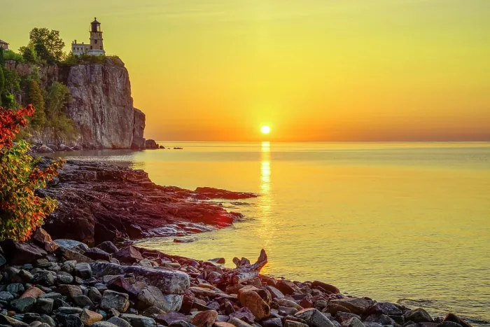Framed Print : USA, Great Lakes, Minnesota, Lake Superior, Silver Bay, North shore, Split Rock Lighthouse, State Park, sunrise