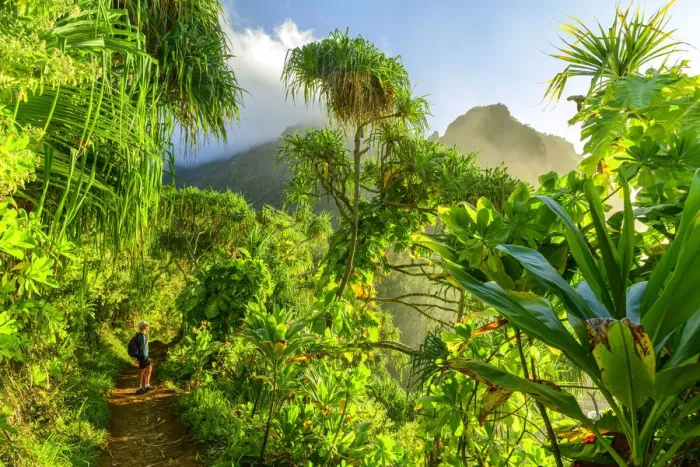 Framed Print : USA, Hawaii, Kauai, Na Pali Coast, woman hiking on coastal trail MR