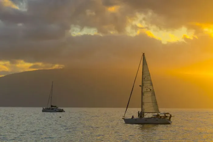 Framed Print : USA, Hawaii, Maui, Kanaapali Beach, sailing at sunset