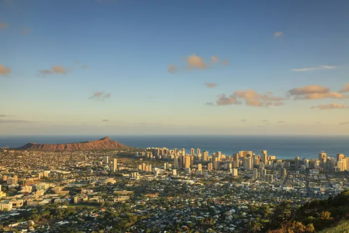 Framed Print : USA, Hawaii, Oahu, Honolulu Skyline and Diamond Head Crater, from Puu Ualakaa State Park