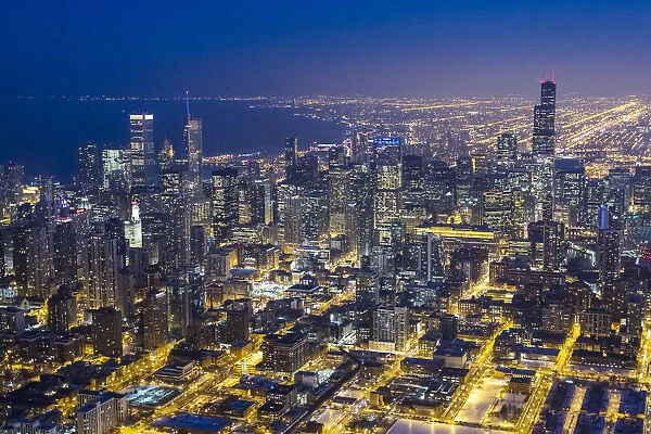 USA, Illinois, Chicago. Aerial dusk view of the city in winter