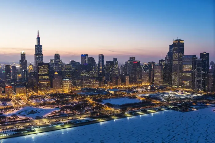 Framed Print : USA, Illinois, Chicago. Aerial dusk view of the city and Millennium Park in winter Framed Print : USA, Illinois, Chicago. Aerial dusk view of the city and Millennium Park in winter