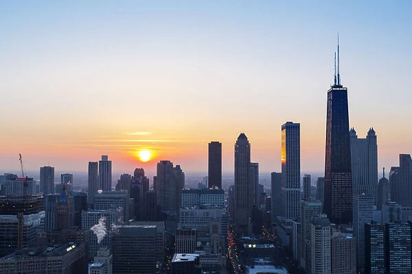 USA, Illinois, Chicago. An aerial view of the city at sunset