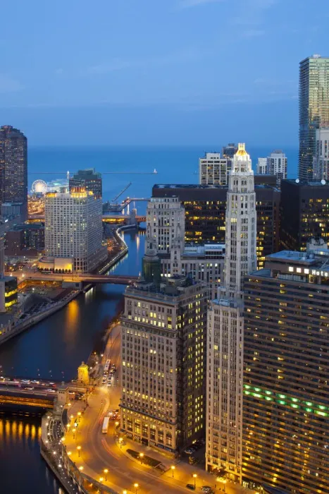 Framed Print : USA, Illinois, Chicago. Dusk view over the city Framed Print : USA, Illinois, Chicago. Dusk view over the city