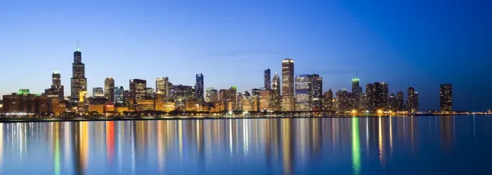 Framed Print : USA, Illinois, Chicago. Dusk view of the skyline from Lake Michigan