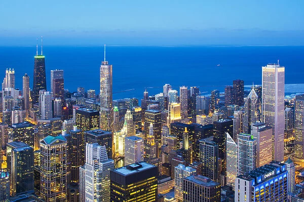 USA, Illinois, Chicago. Elevated dusk view over the city from the Willis Tower